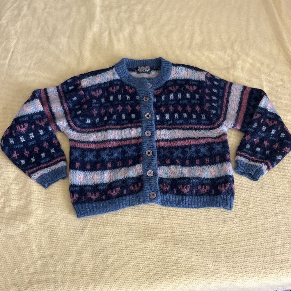 Vintage Paris Sport Club Sweater Womens Large Blue Pink Mohair Grandma Cardigan